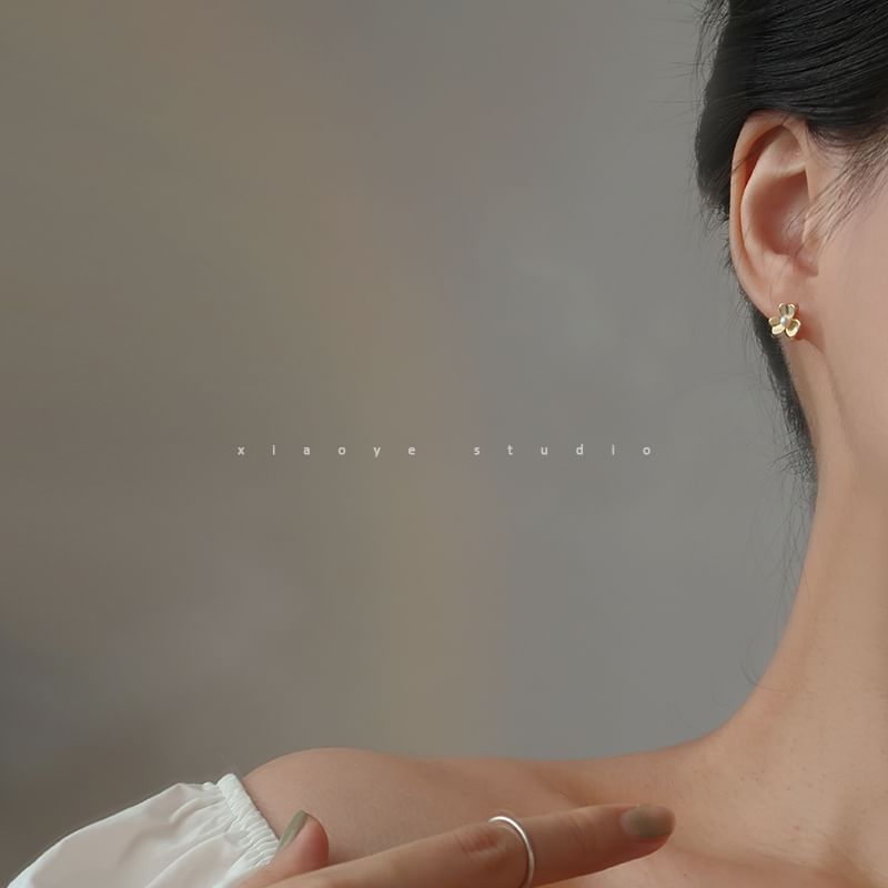 Sterling Flower Silver Pearl Faux Huggie Earring