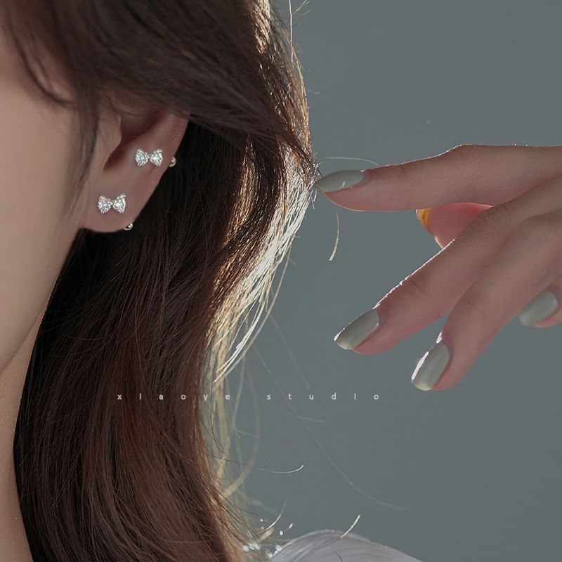 Barbell Sterling Bow Earring Silver Rhinestone