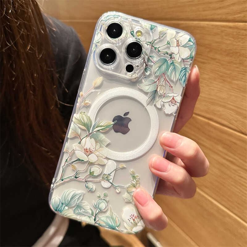 Magnetic MagSafe) (Compatible Floral with Case Phone