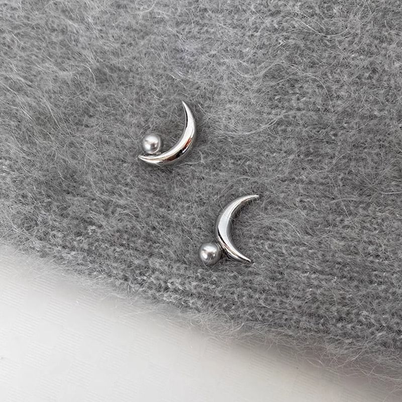 Silver Earring Pearl 925 Sterling Faux Stud Crescent