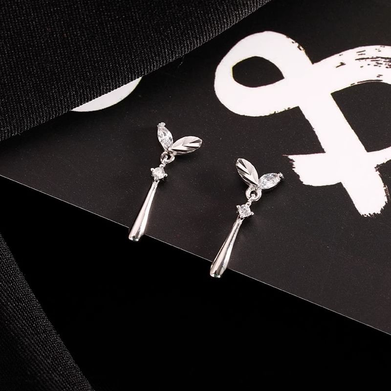 Earring Rhinestone Drop Leaf Silver Sterling 925