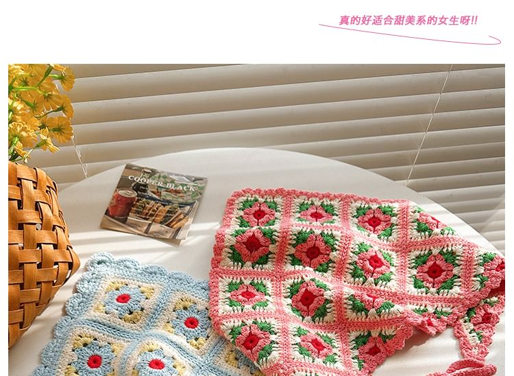 Head Scarf Knit Plaid Floral Triangle