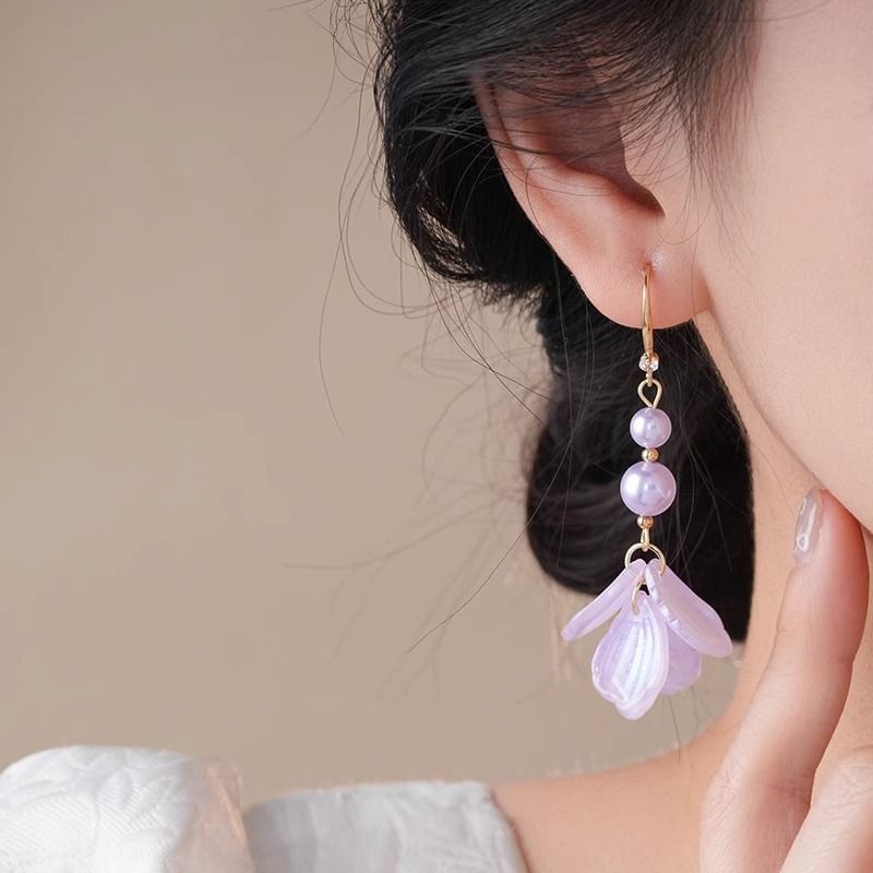 Dangle Faux Earring Alloy Pearl Petal