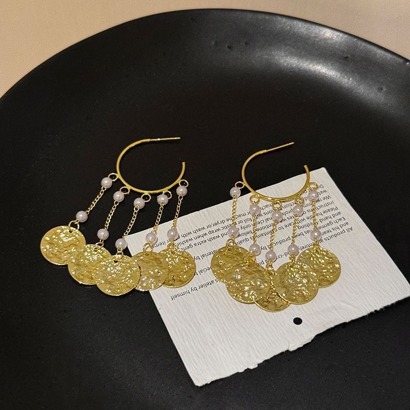 Alloy Disc Pearl Textured Earring Faux Chandelier