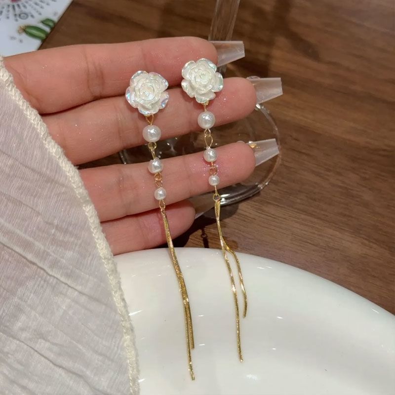 Faux Pearl Threader Floral Alloy Earring