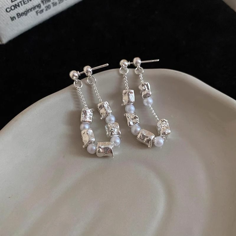 Hoop Earring Alloy Dangle Faux Chain Pearl