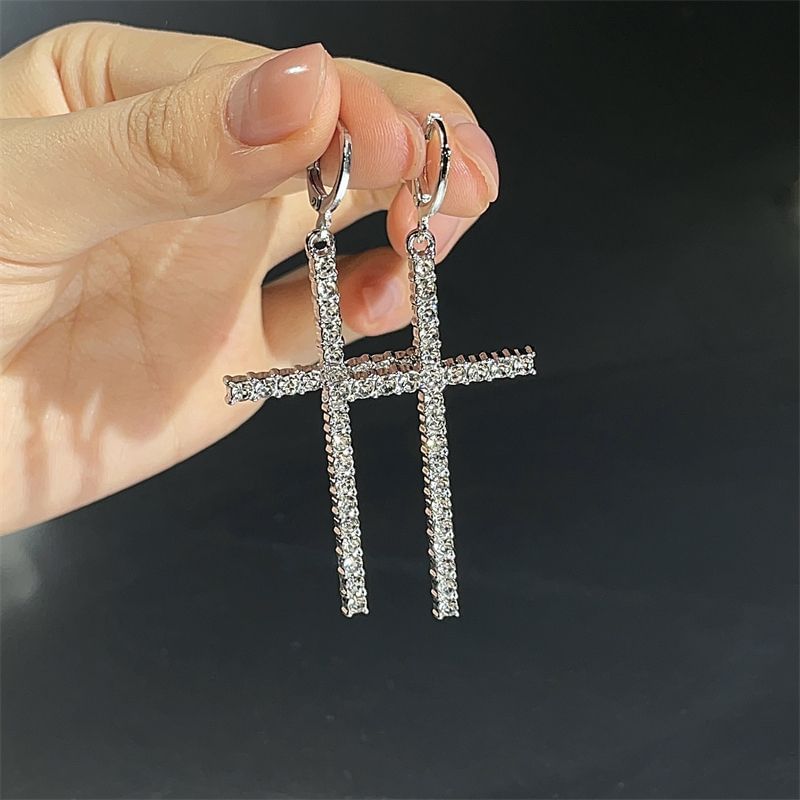 Cross Rhinestone Drop Huggie Earring