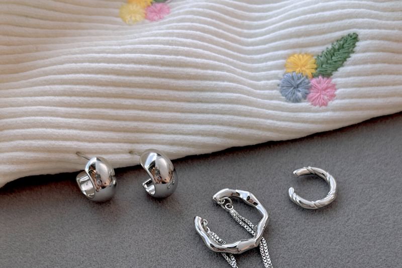 Set: Sterling Earring Hoop Cuff Chain Plain Silver Ear + 925