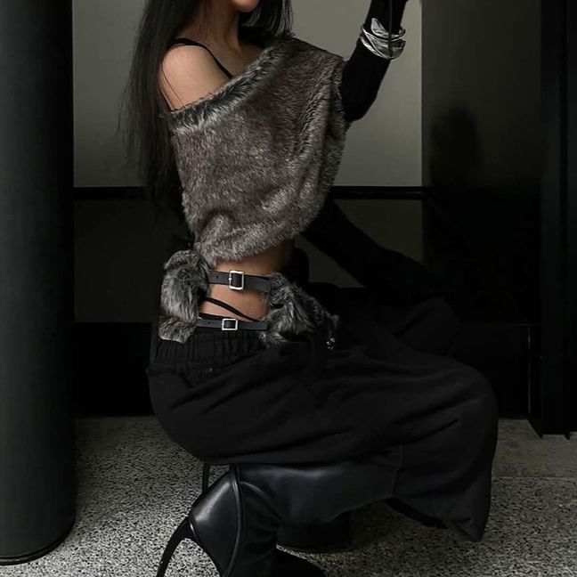 Long Sleeve Off Shoulder Panel Faux Fur Crop Top