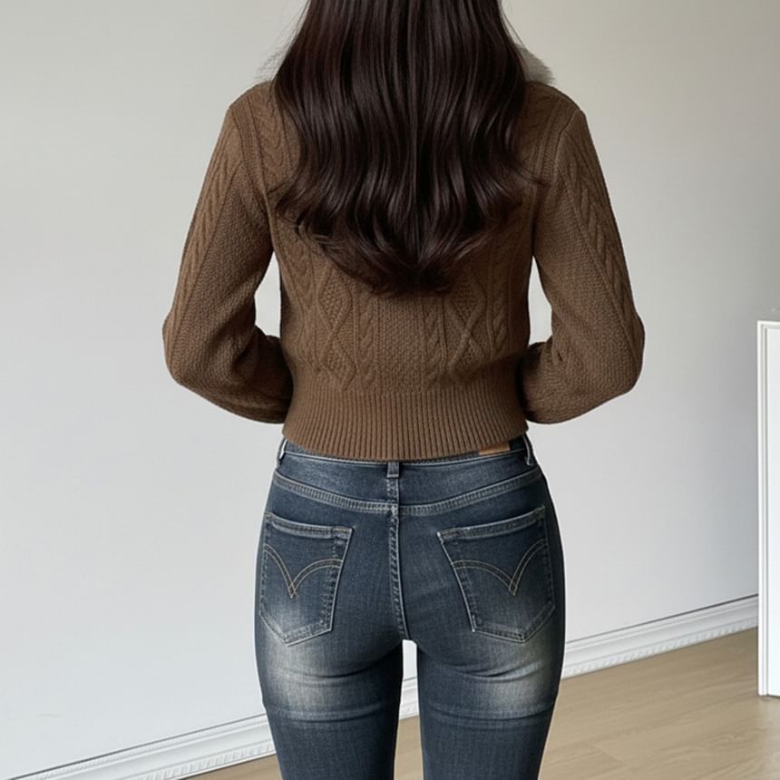 Long Sleeve V-Neck Faux Fur Panel Cable Knit Crop Cardigan