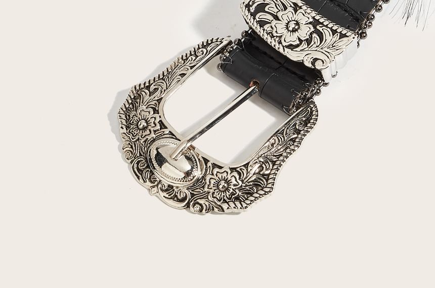Faux Fur Floral Buckled Faux Leather Belt