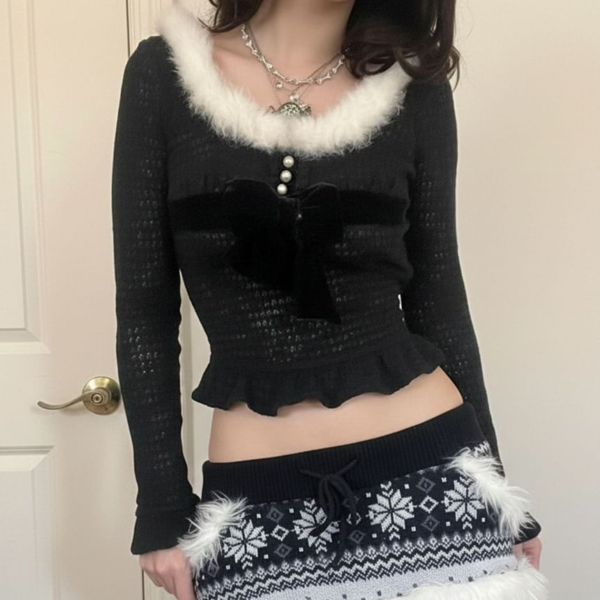 Long Sleeve Faux Fur Trim Bow Accent Ruffled-Hem Crop Knit Top