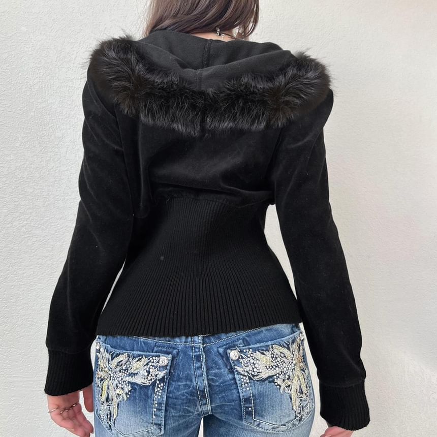 Long Sleeve Faux Fur Trim Velvet Zip-Up Hooded Jacket