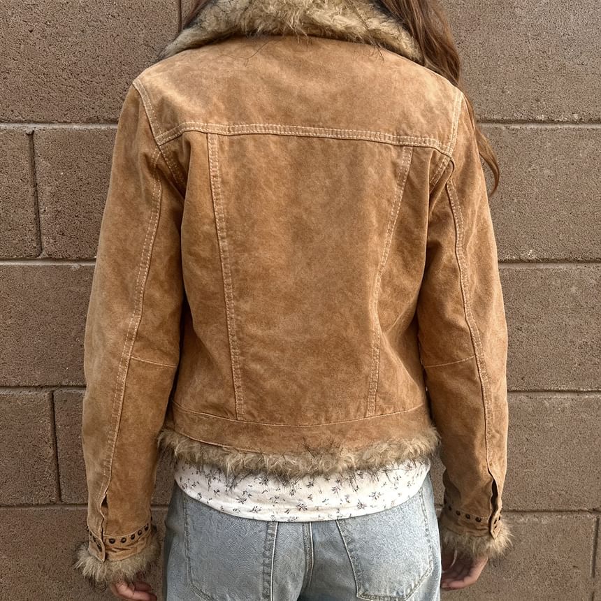 Long Sleeve Faux Fur Trim Suede Jacket