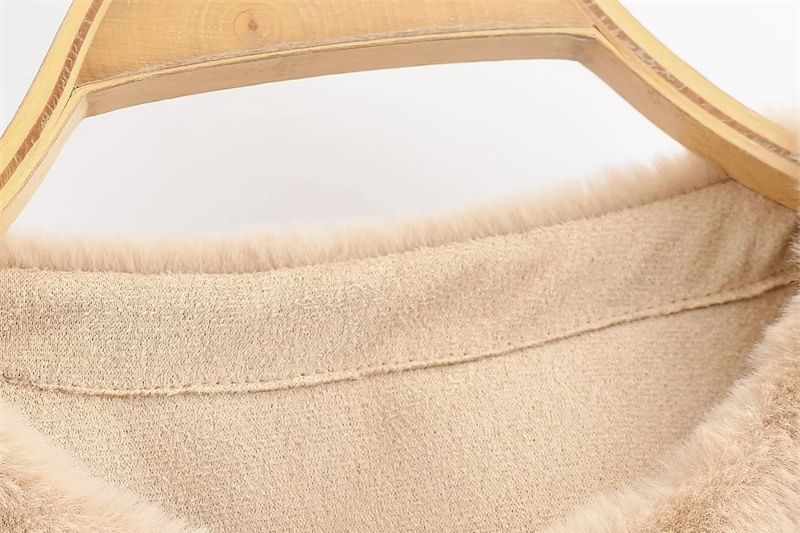 Round Neck Plain Faux Fur Zip Vest