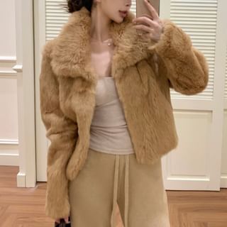 Collared Plain Faux Fur Jacket / Drawstring Waist Plain Knit Straight Leg Pants