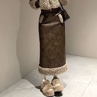 Rabbit Ear Faux Fur Jacket / Faux Leather Pencil Skirt / Set (Various Designs)