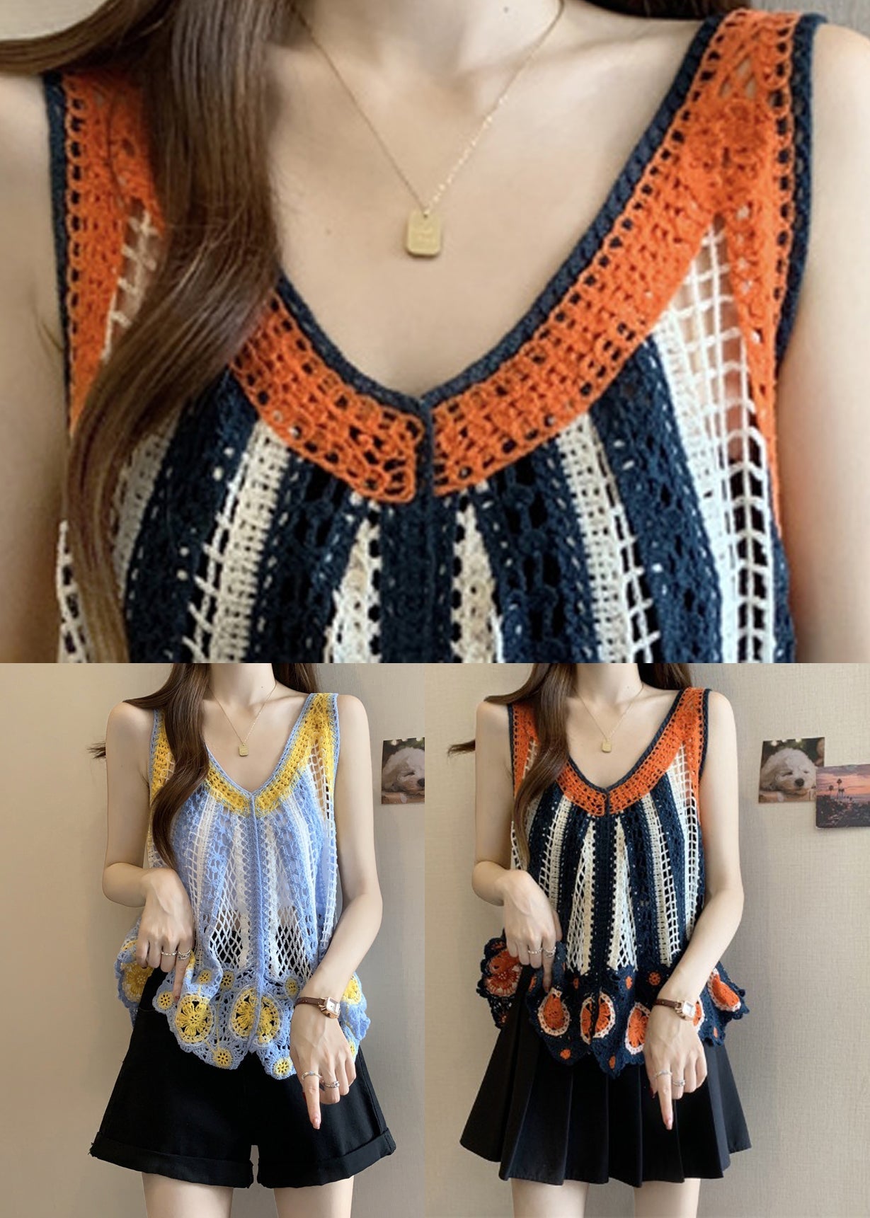 Out Blue Top Light Hollow Knit Sleeveless