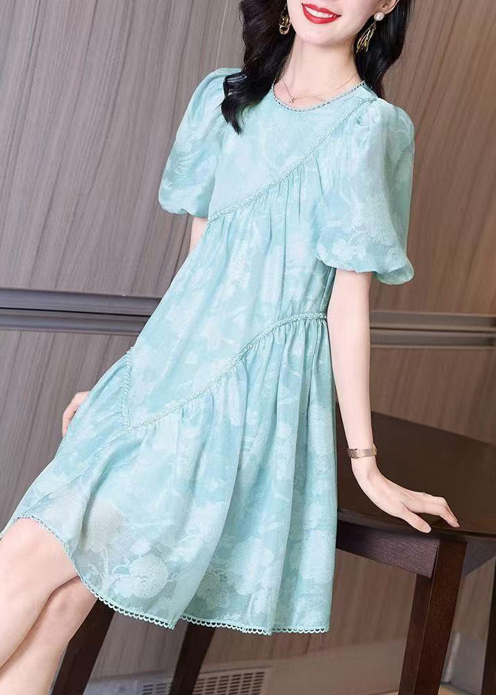Mid Wrinkled Puff O-Neck Light Sleeve Dress Blue