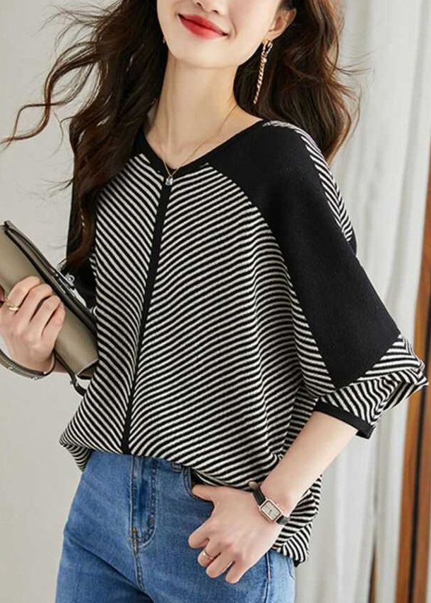 V Patchwork Apricot Loose Neck Striped Sweaters Spring Knit