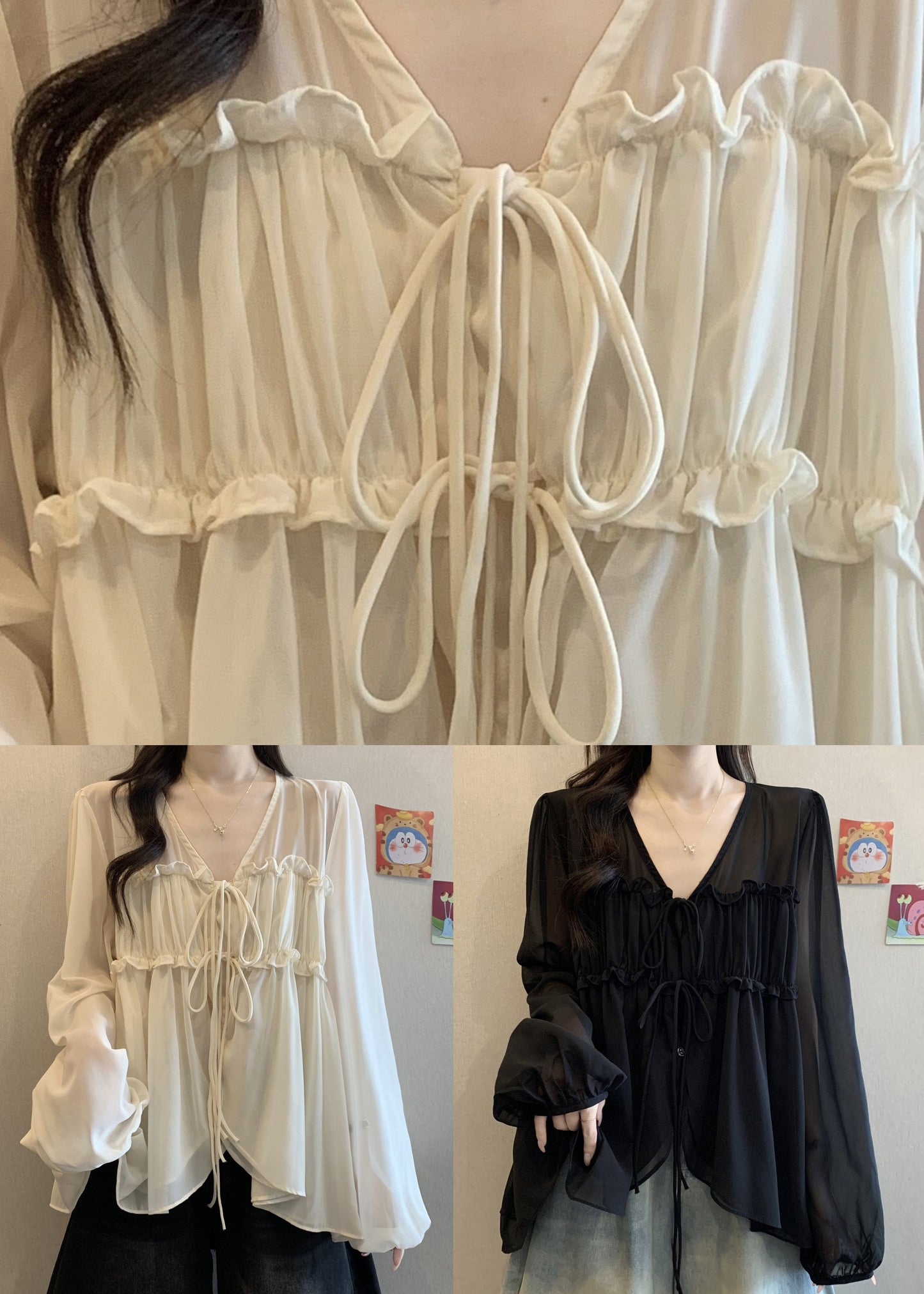 Loose Chiffon Ruffled Fall V Shirt Apricot Neck