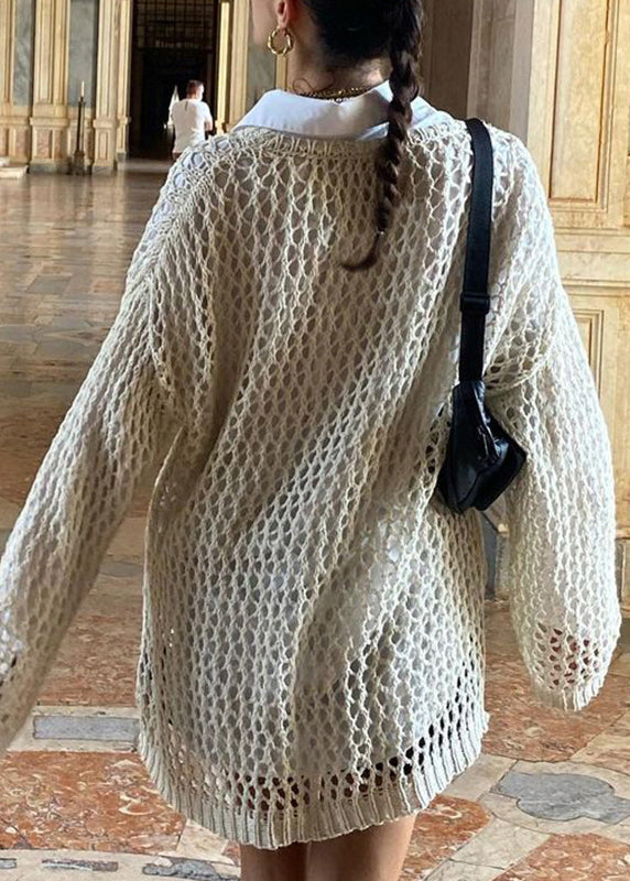 Out Knit Beige Sweater Hollow Solid Loose Summer