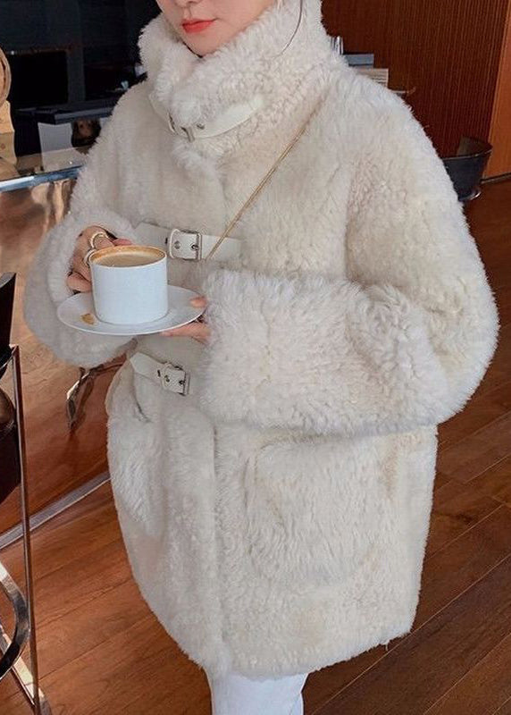 Loose Beige Stand Collar Pockets Teddy Faux Fur Coat Spring YW037