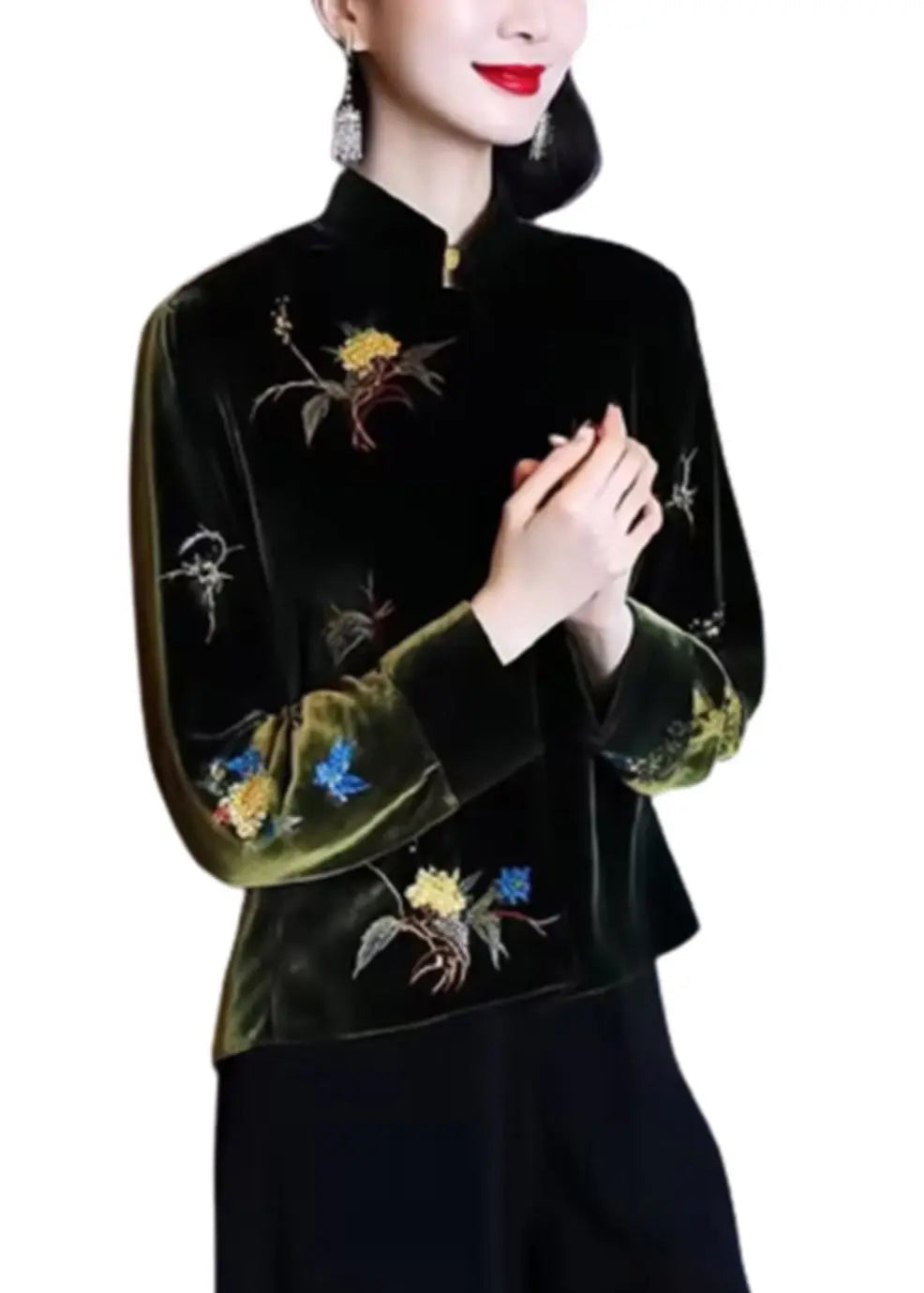 Loose Black Stand Collar Embroidered Patchwork Silk Velour Top Long Sleeve Ada Fashion