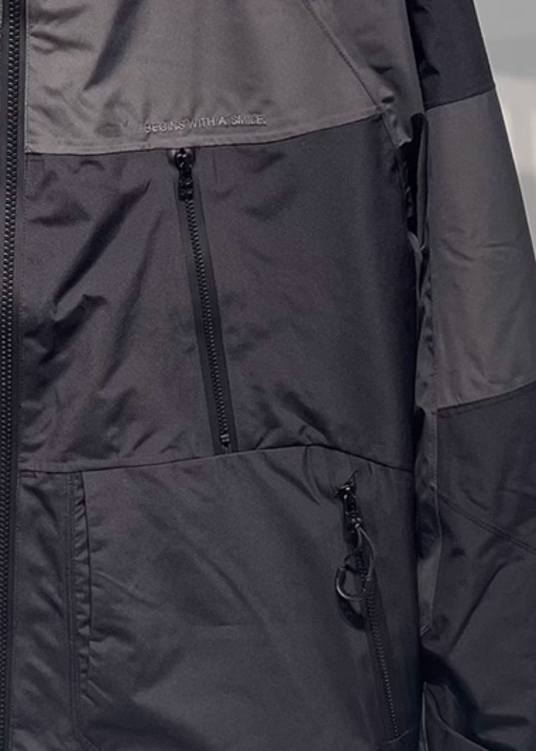 Black Patchwork Mens Hooded Coat Spring Loose Zippered Cotton