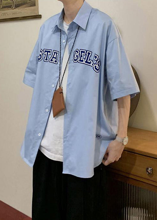 Summer Shirts Peter Letter Collar Blue Cotton Mens Loose Pan