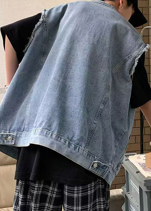 Waistcoat Blue Men Collar Pan Pockets Peter Loose Denim