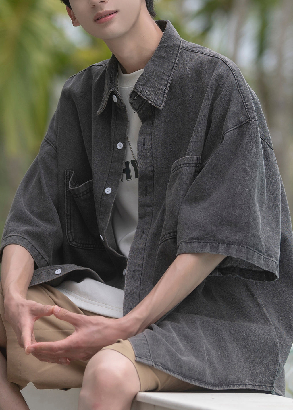 Blue Mens Pan Shirts Spring Pockets Loose Peter Denim Collar