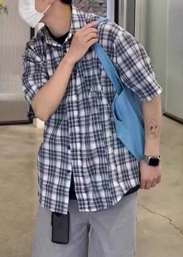 Men's Blue Summer Shirts Plaid Loose Cotton Button