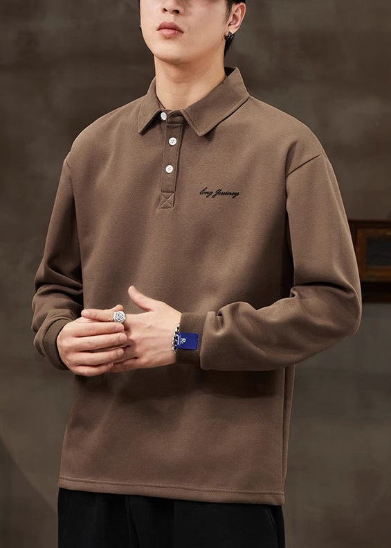 Spring Solid Button Cotton Loose Coffee Men TC017 Shirt Polo
