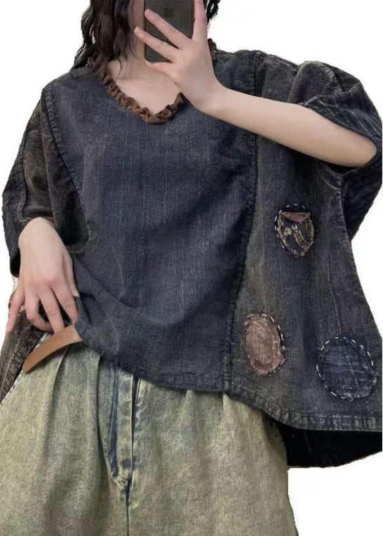 Loose Colorblock V Neck Ruffled Cotton T Shirt Summer GH1038