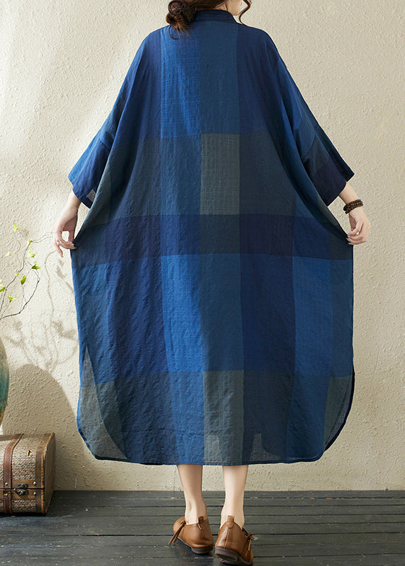 Plaid Dark Loose Stand Blue Side Dresses Collar Open Long