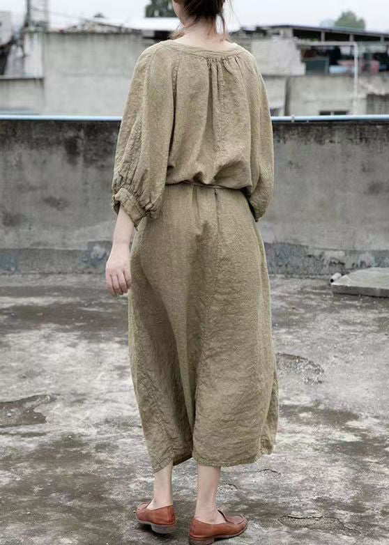 Loose Green O Neck Tie Waist Linen Dress Half Sleeve MN092
