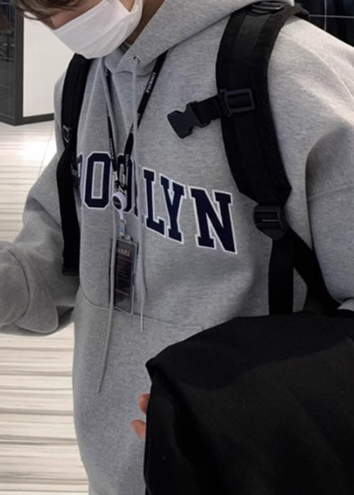 Loose Grey Letter Pockets Warm Fleece Men Sweatshirts Spring YQ025