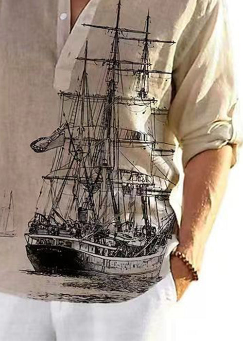 Button Collar Fall Print Loose Shirts Cotton Men Stand Khaki