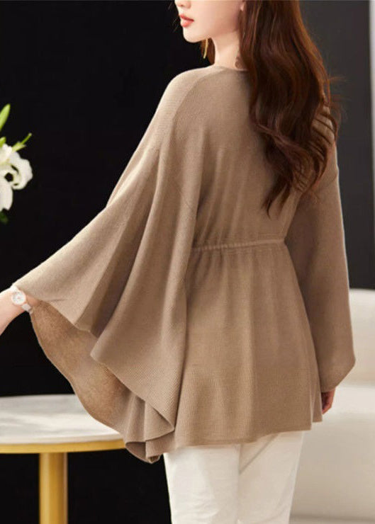 Loose Khaki V Neck Tie Waist Knit Top Batwing Sleeve MN094