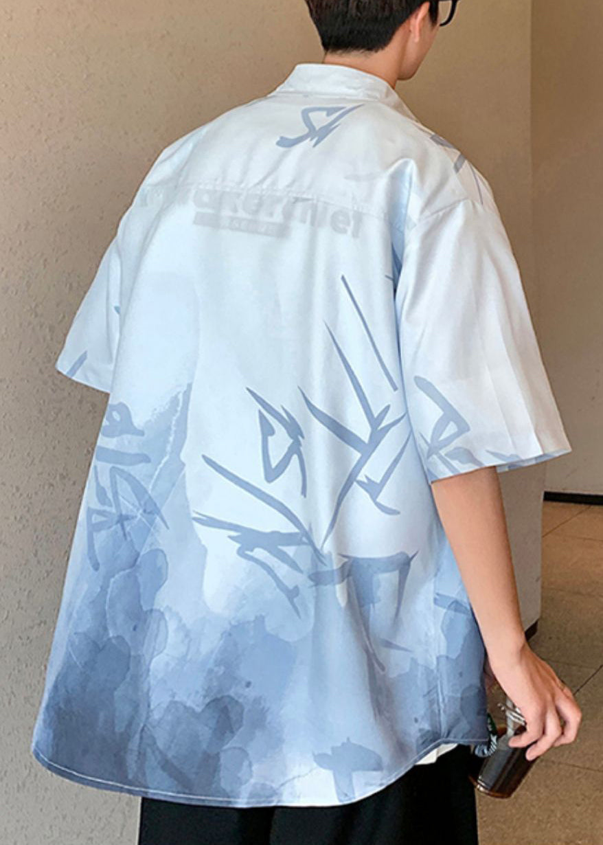 Green Men Button Shirts Gradient Light Print Silk Color Ice Loose