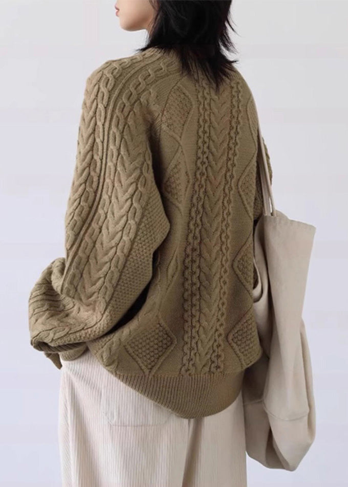 Loose Milk Tea Color Button Cozy Thick Cable Knit Sweater Spring YW025