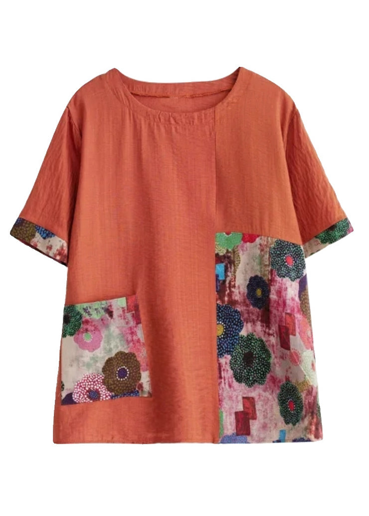 Sleeve Orange Print Tops Short O-Neck Loose