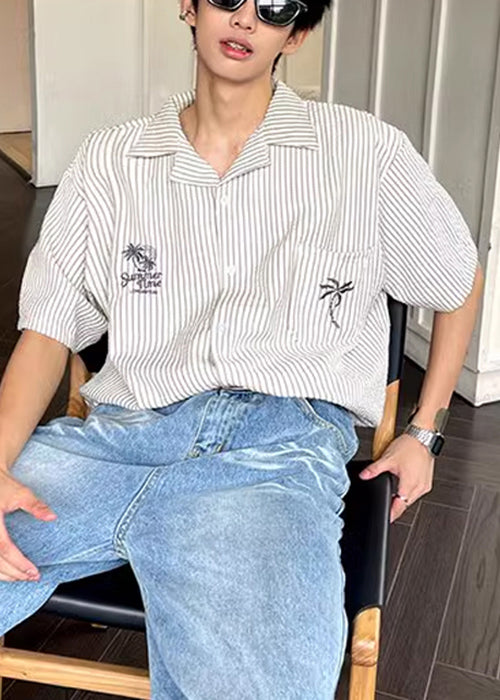 Collar Mens Shirts Pan Summer Striped Peter Loose Cotton Pockets