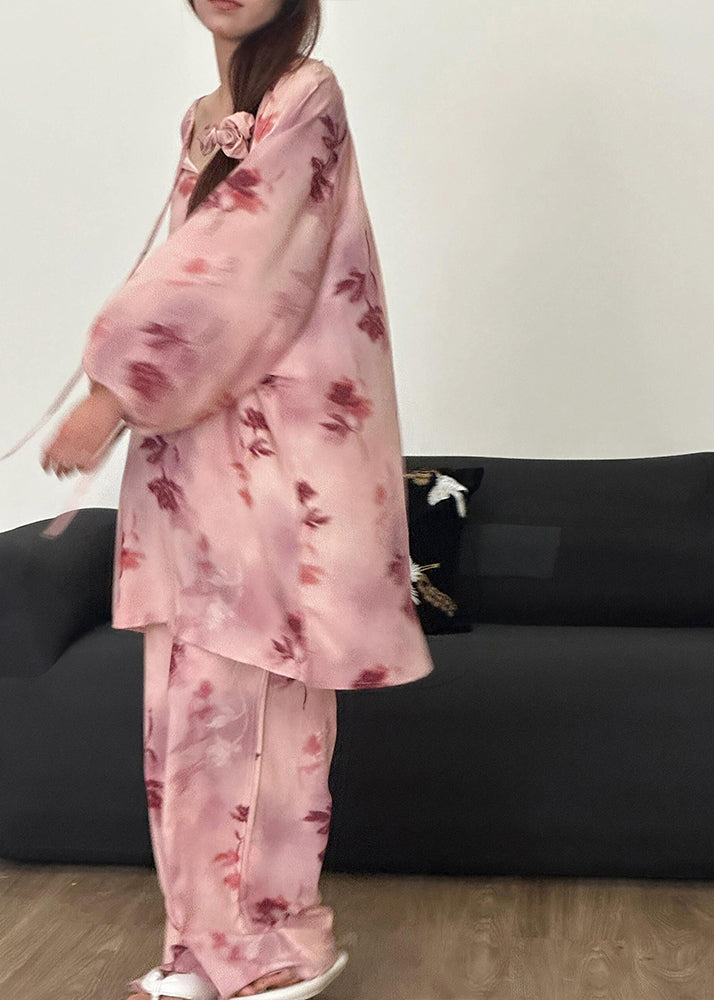 Print Pajamas Up Loose Fall Piece Pink Two Lace Cotton Set