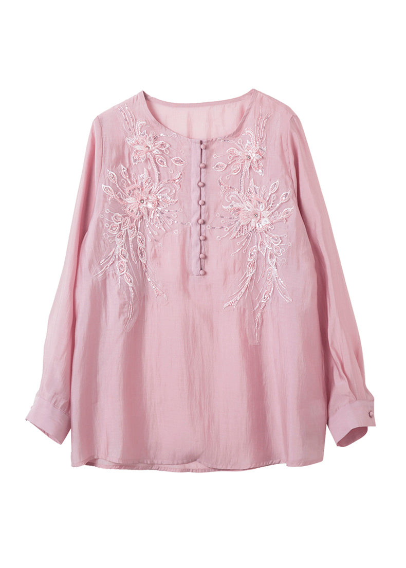 Top Long Pink Sleeve Bead Nail Shirt Sequins Chiffon Loose