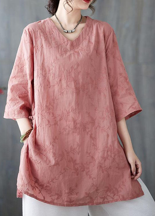 Neck V Bracelet Pink Sleeve Cotton Loose Top Embroidered