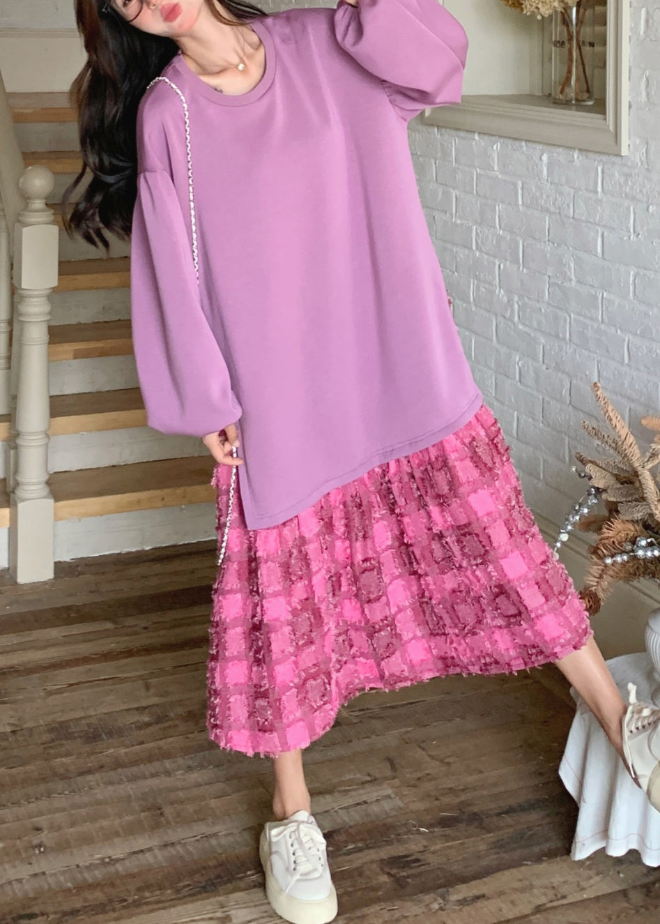 Plaid Spring Maxi Purple Dress Loose O-Neck