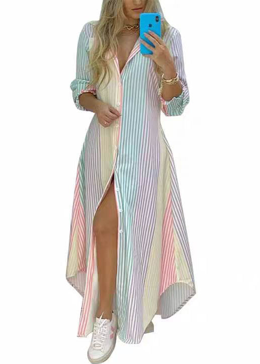 Dress Rainbow Shirts Loose Striped Spring Button Cotton