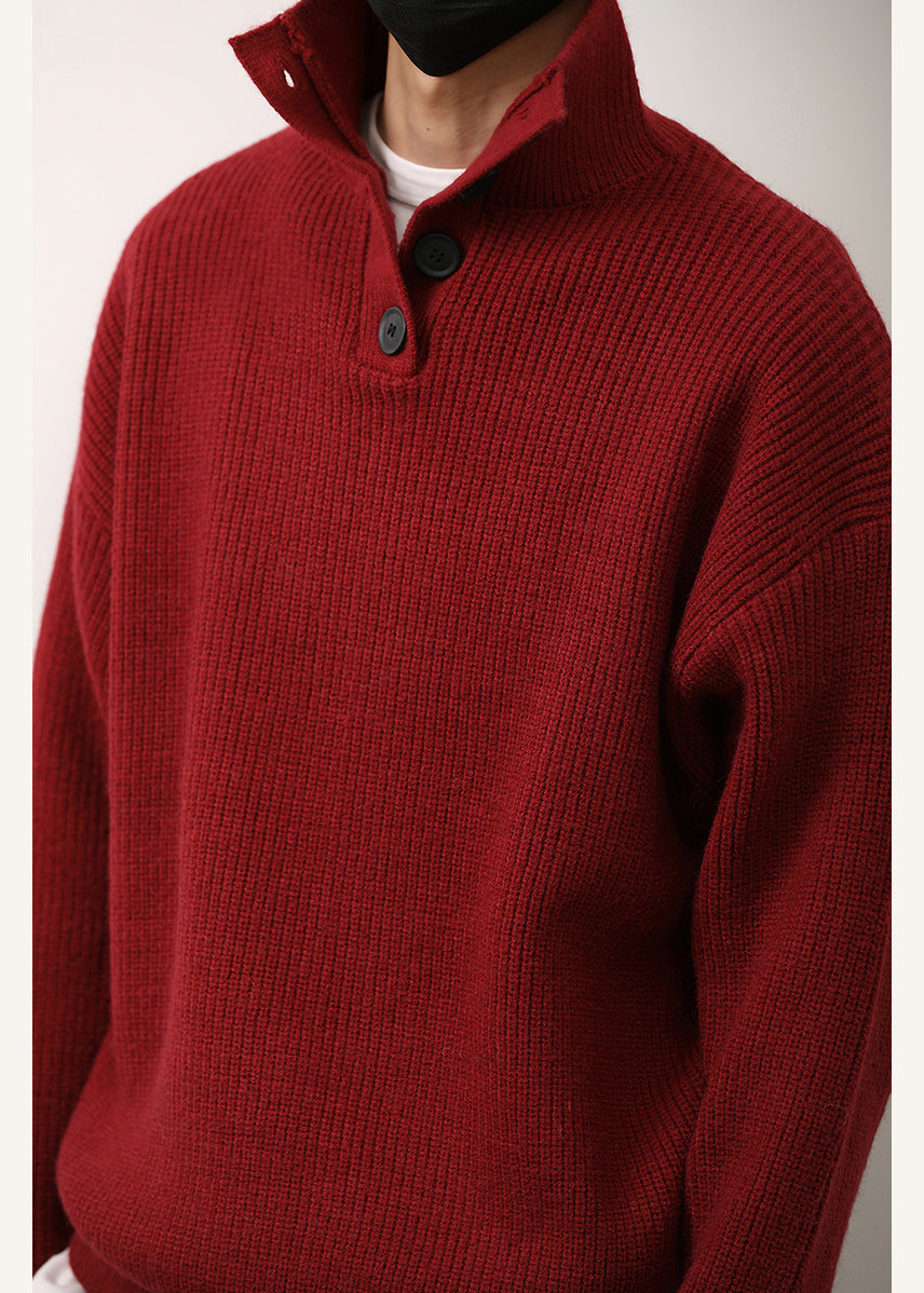 Loose Red Stand Collar Button Knit Mens Sweaters Spring TK011